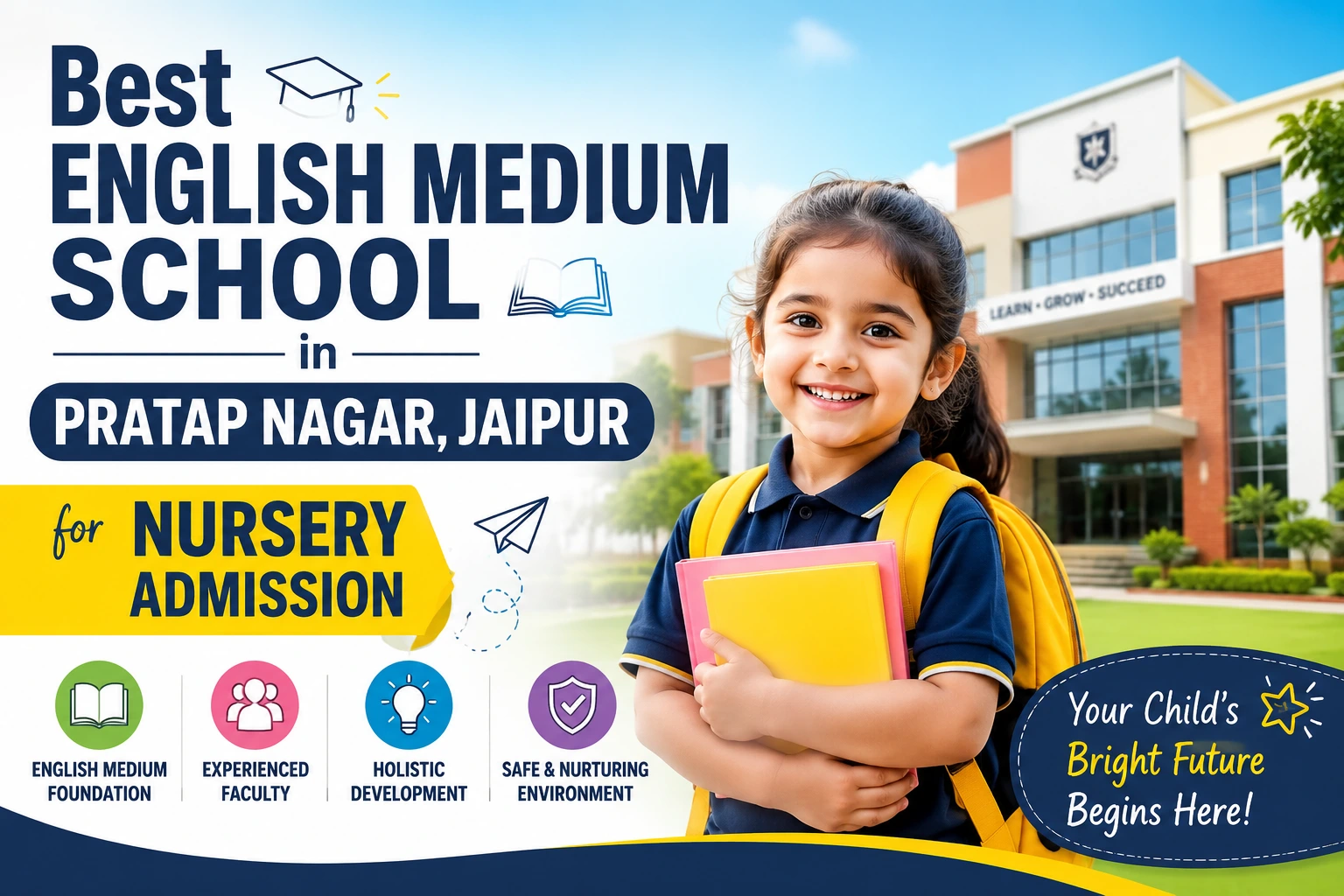 Happy nursery student standing in front of a modern English medium school building in Pratap Nagar Jaipur with text “Best English Medium School in Pratap Nagar Jaipur for Nursery Admission” featured on the banner.