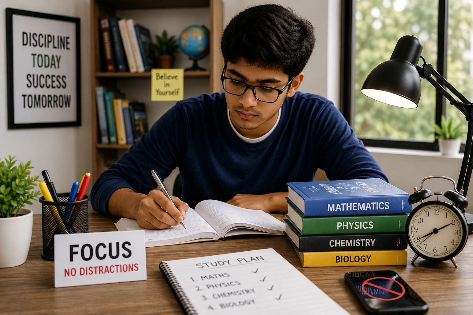 Focused student studying at desk to improve concentration in studies